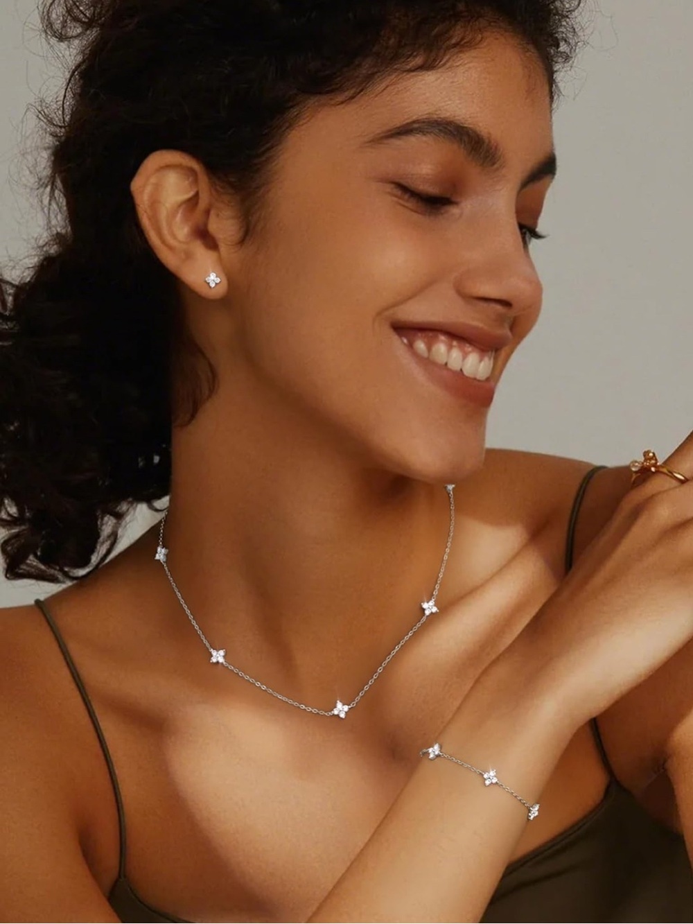 Delicate 925 Silver Plated CZ Four Leaf Necklace, Bracelet and Earrings Set